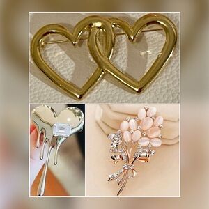 3-Piece Heart & Floral Brooch Bundle • Gold Tone • Like New